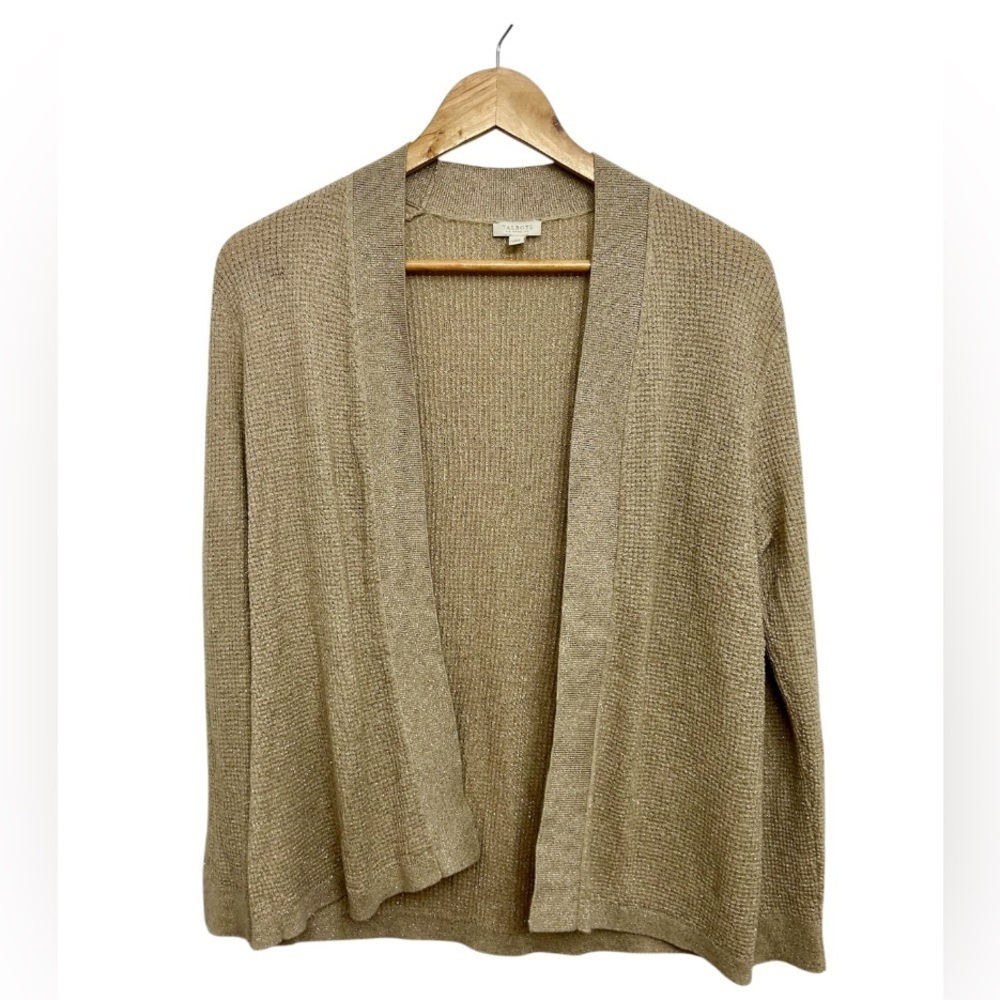 Talbots‎ Metallic Gold Waffle Knit Open Front Cardigan Size Large Petite